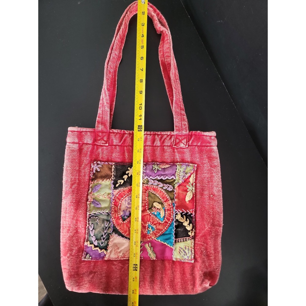 Boho Patchwork Peace Sign Corduroy Tote Bag Red Cotton Nepal - Picture 9 of 9